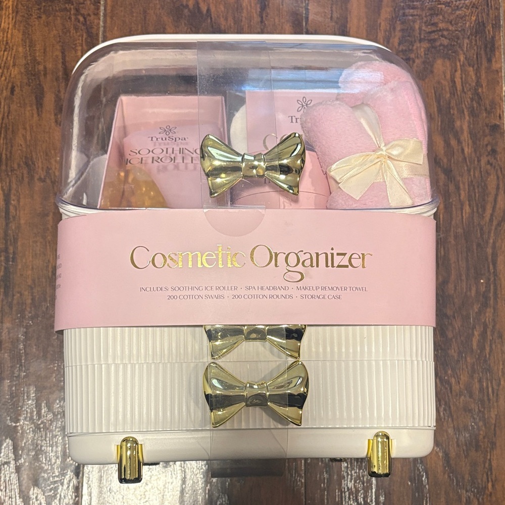 Pink Cosmetic Organizer Case with Gold Bow Accents - perfect Mothers Day Gift